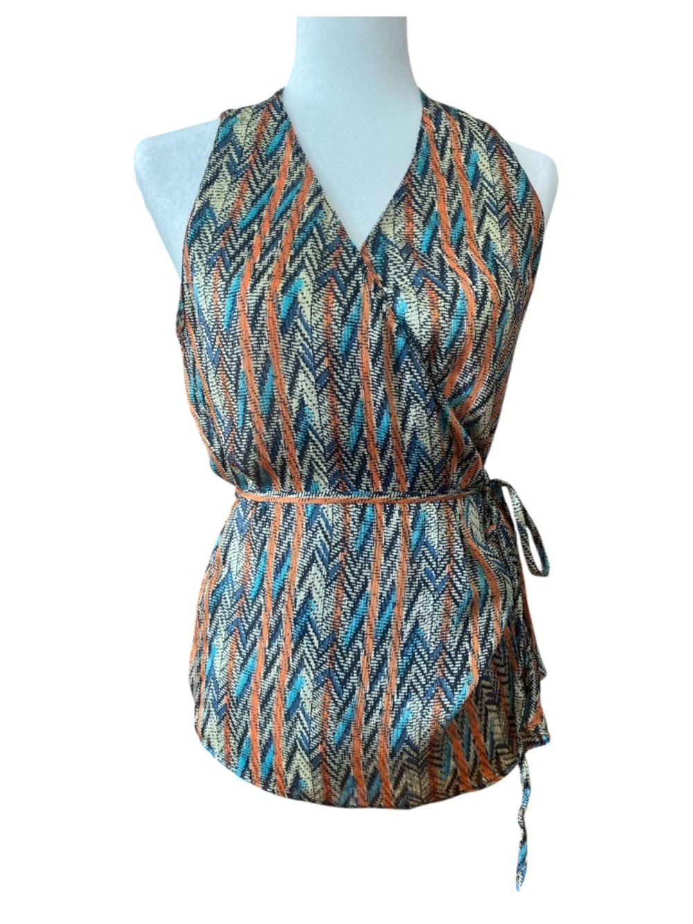 Zara Basic Geometric Print True Wrap Sleeveless Blouse Top Small
